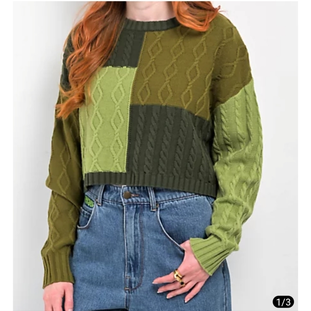 Empyre Green Crew Neck Sweater with Geometric Cable Knit Sz S - Picture 9 of 12